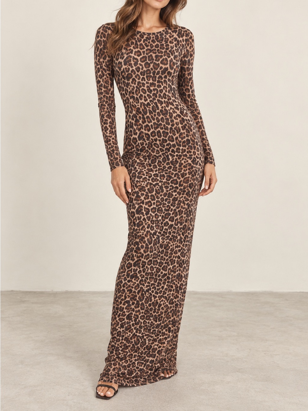 Unknown Brown Long Sleeve Leopard Print Maxi Dress - Brown